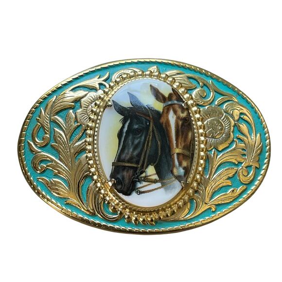 Western Style Horse Belt Buckle Turquoise Color with Gold-toned Scrollwork - Picture 1 of 7